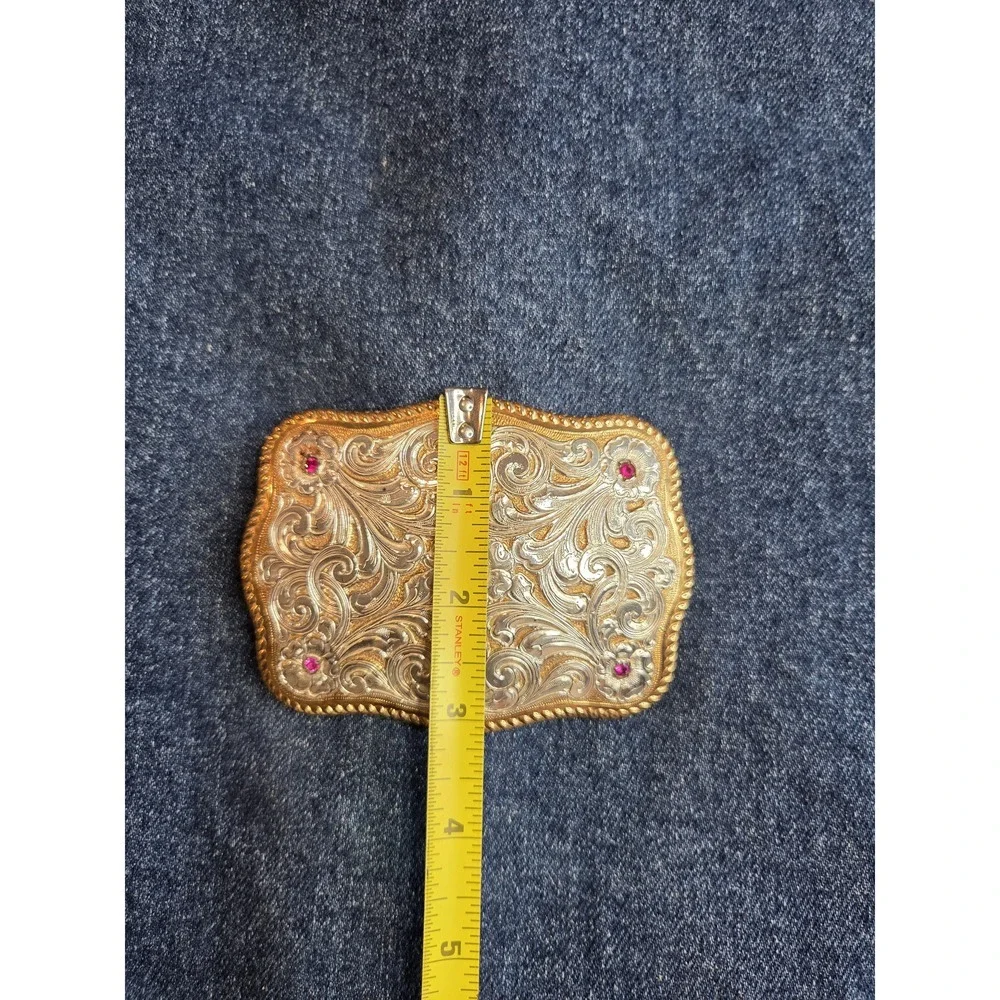 Vintage Crumrine Large Silver Gold Belt Buckle Ruby Stones Western Rodeo